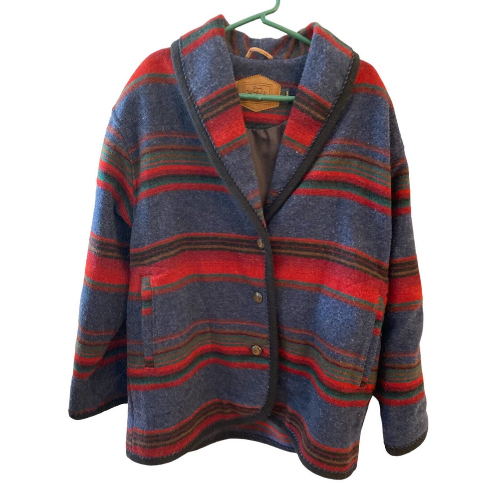 Vintage Woolrich Southwestern Blanket Coat Red Striped Wool Button Large USA